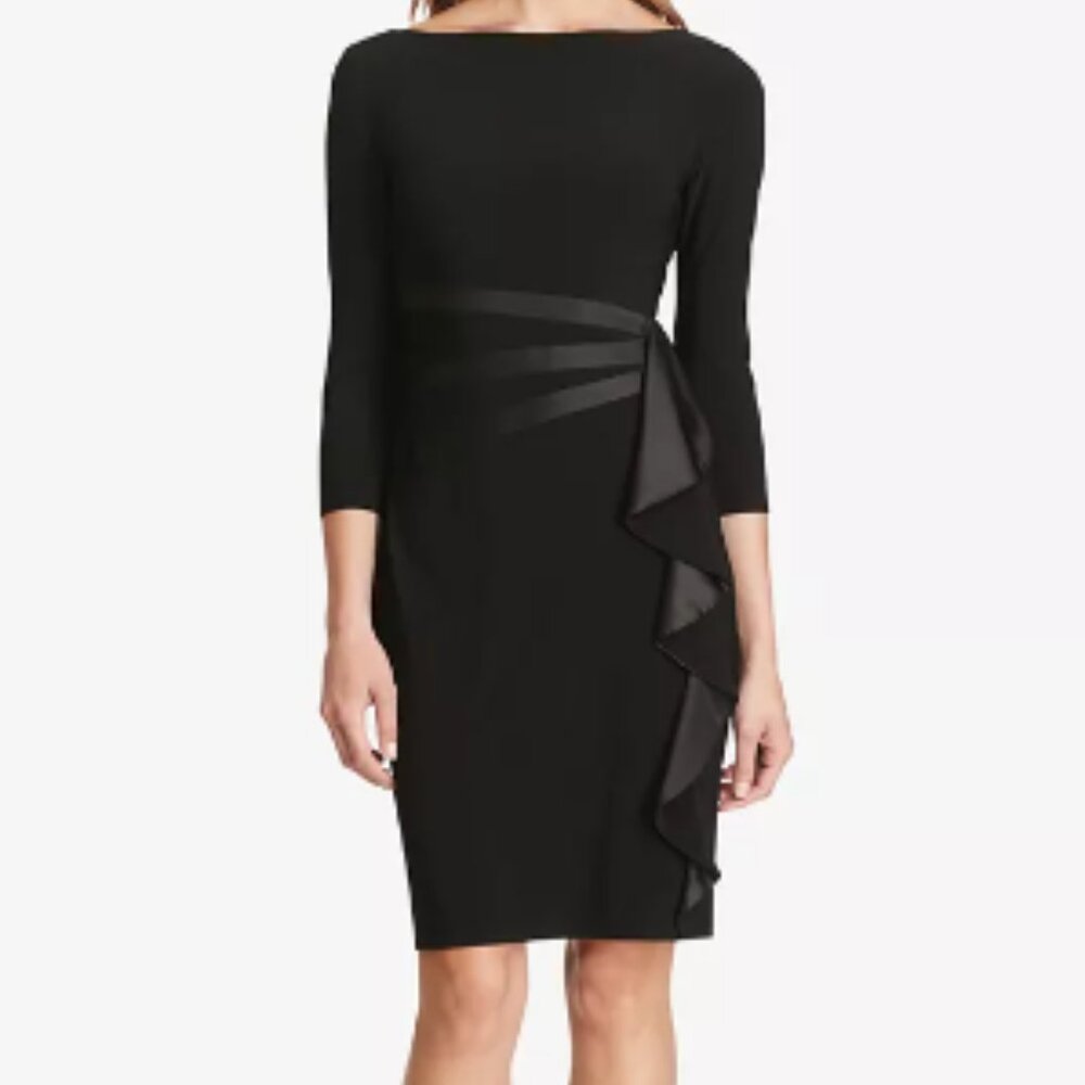 Black Satin Ruffle Sheath Dress Size 8 Evening Formal Semi Formal Party